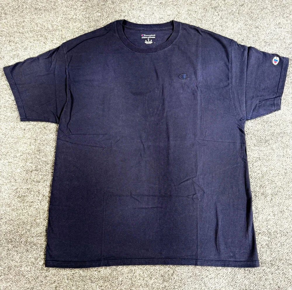Champion Mens XL Navy Blue T Shirt Embroidered C Logo Sleeve Athletic Basic Tee
